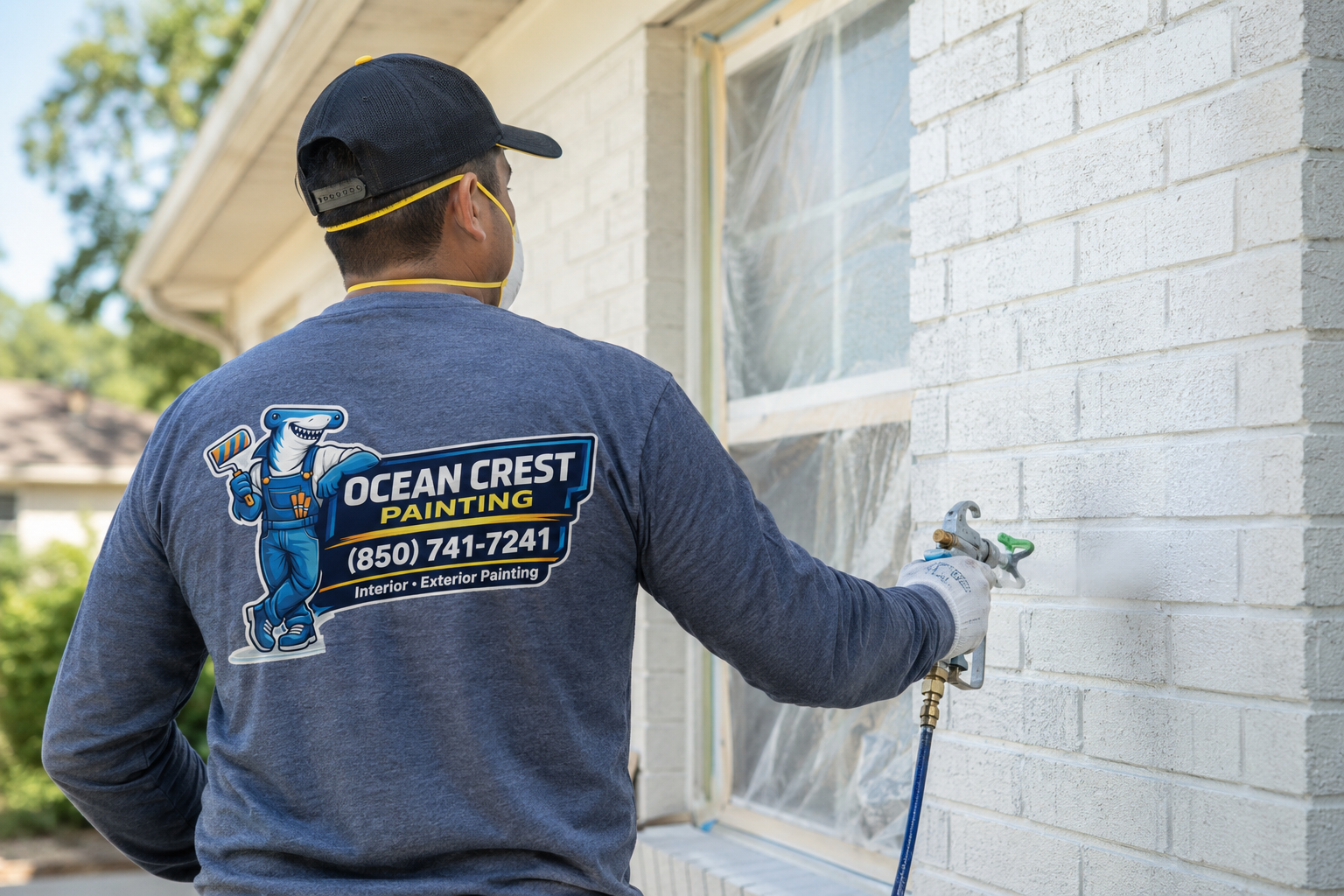 Ocean Crest Painting crew member spraying exterior paint on a white brick home